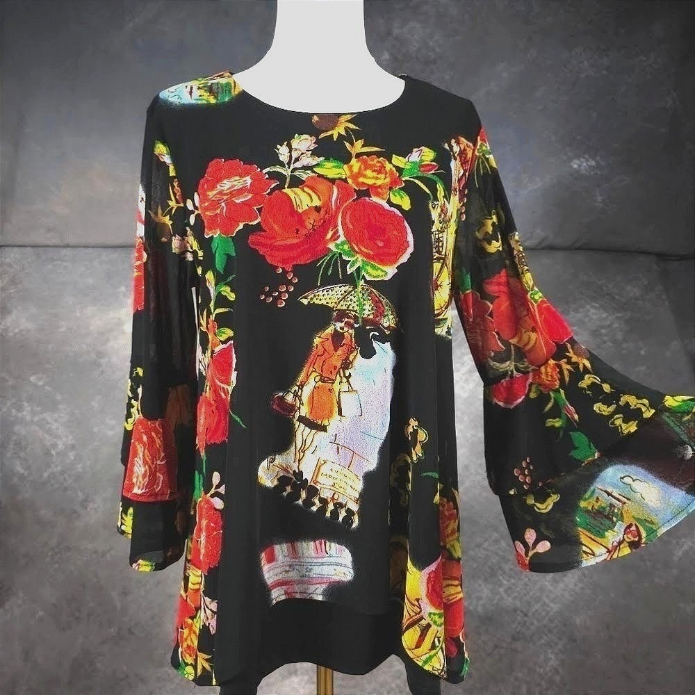 Caleesa Tunic Top S Black Floral Paris Art Tiered Ruffle Bell Sleeve Flowy Boho